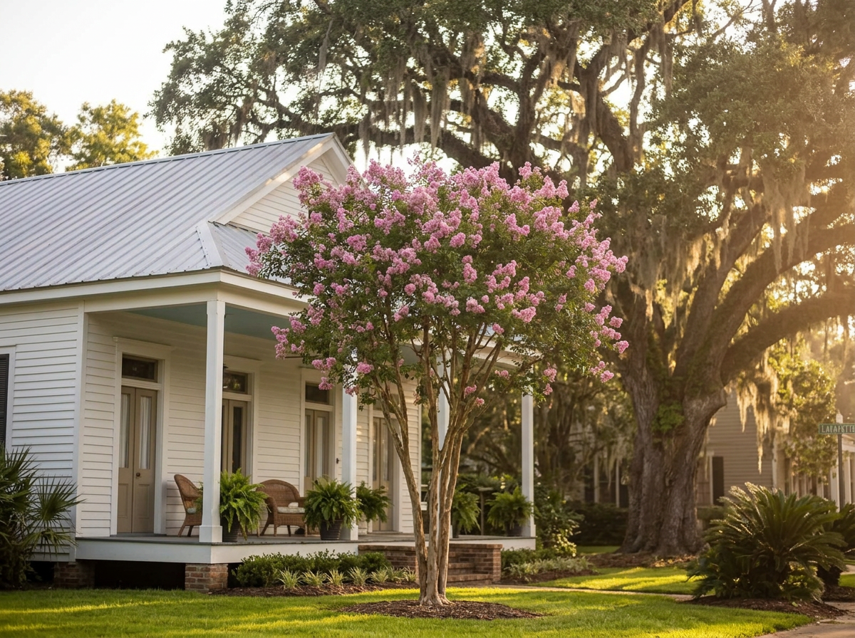A well-maintained multi-trunk crepe myrtle with smooth cinnamon bark and an open canopy of pink blooms