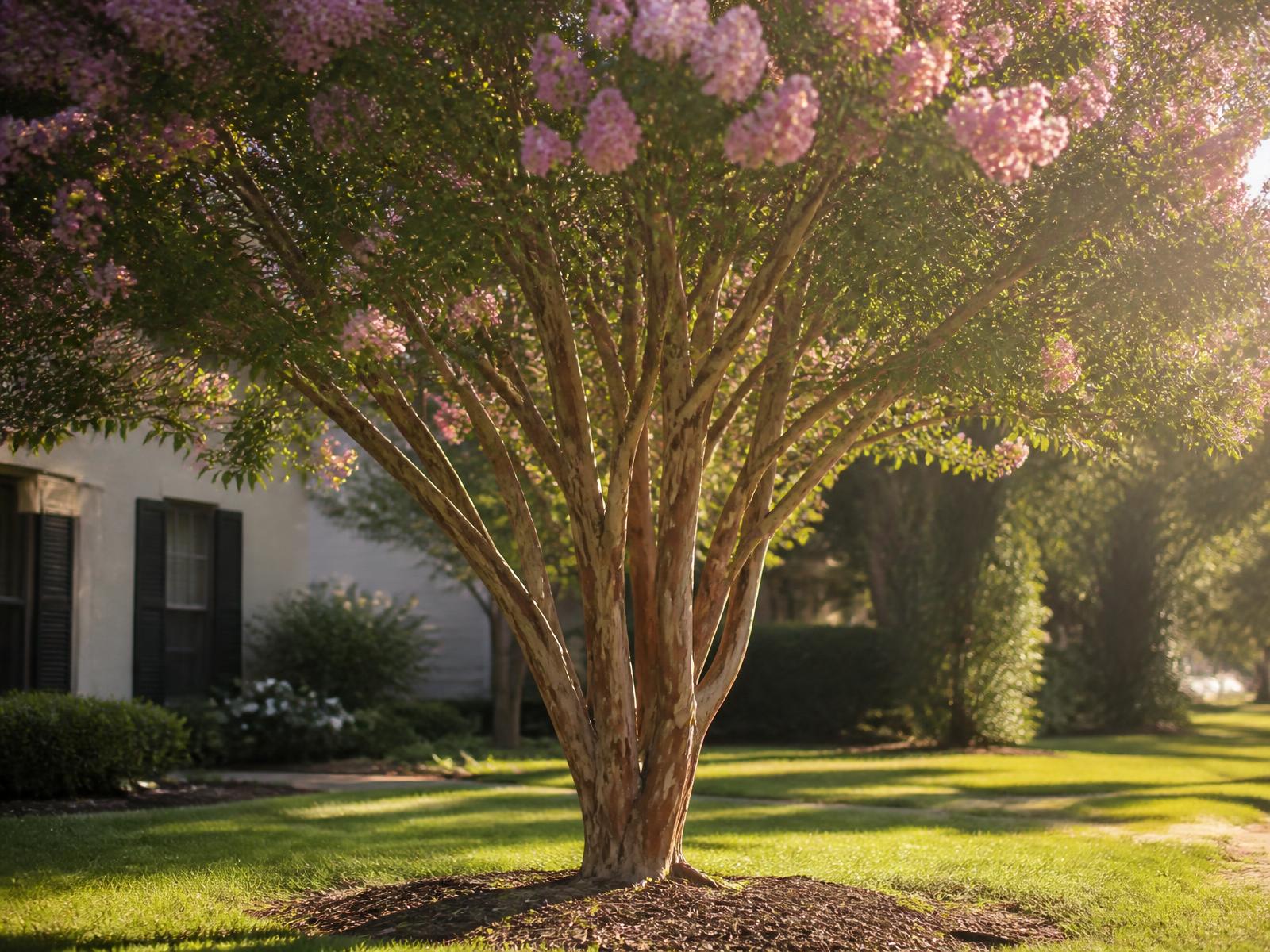 A well-maintained multi-trunk crepe myrtle with smooth cinnamon bark and an open canopy of pink blooms